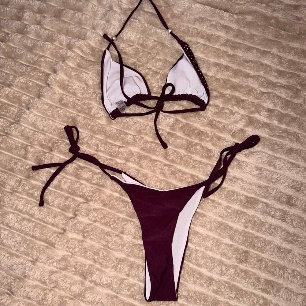 Plunging Triangle String Bikini In Dark Burgundy … - image 3